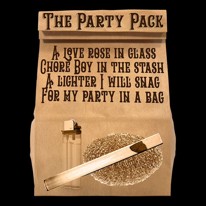 Local Gas Station Party Pack - Brown Bag, Rose in a Glass Tube, Cheap Lighter, Chore Boy - T-Shirt